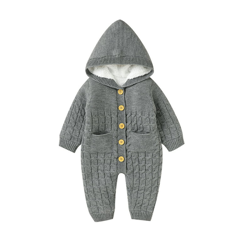 IZhansean Newborn Baby Boy Girl Sweater Romper Long Sleeve Buttons Knitted  Hooded Jumpsuit Winter Warm Clothes Gray 0-3 Months 