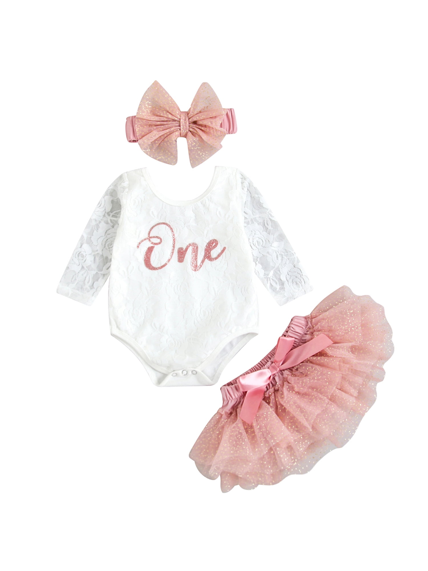 IZhansean Newborn Baby Girls 1st Birthday Clothes 3pcs Letter Lace Long