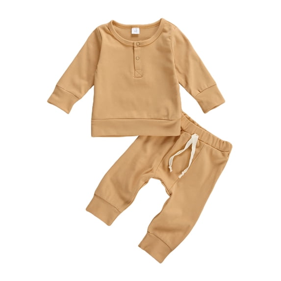 IZhansean Newborn Infant Baby Boy Girl Fall Winter Outfits Solid Tops and Pants Kids Sweatsuit 2Pcs Clothes Khaki 12-18 Months