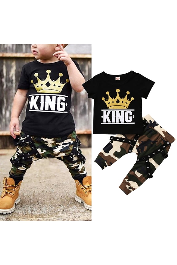 Newborn Toddler Kids Baby Boys Tops T-shirt Camo Pants 2Pcs Outfits Set Clothes Black 18-24 Months