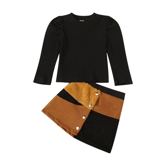 IZhansean Toddler Baby Girl Outfits Long Sleeve Solid Sweater Tops + Button Mini Skirt 2-Piece Clothes Black 4-5 Years