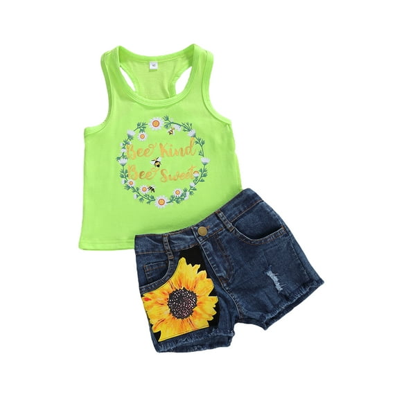 IZhansean Toddler Kids Baby Girls Summer Tops T-shirt Denim Shorts 2Pcs Outfits Clothes Green 2-3 Years