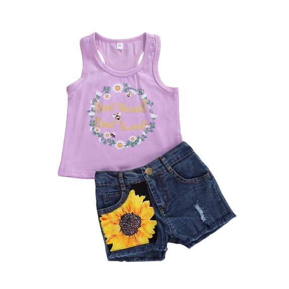 IZhansean Toddler Kids Baby Girls Summer Tops T-shirt Denim Shorts 2Pcs Outfits Clothes Purple 3-4 Years