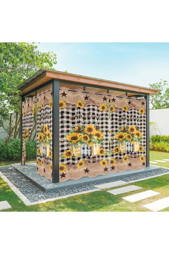 Sunflower Country Star Outdoor Curtains for Patio, Texas Star Flowers Waterproof Outside Curtains Privacy Blackout Curtain for Porch Pergola Cabana, 1 Panel 54W x 108L Inch