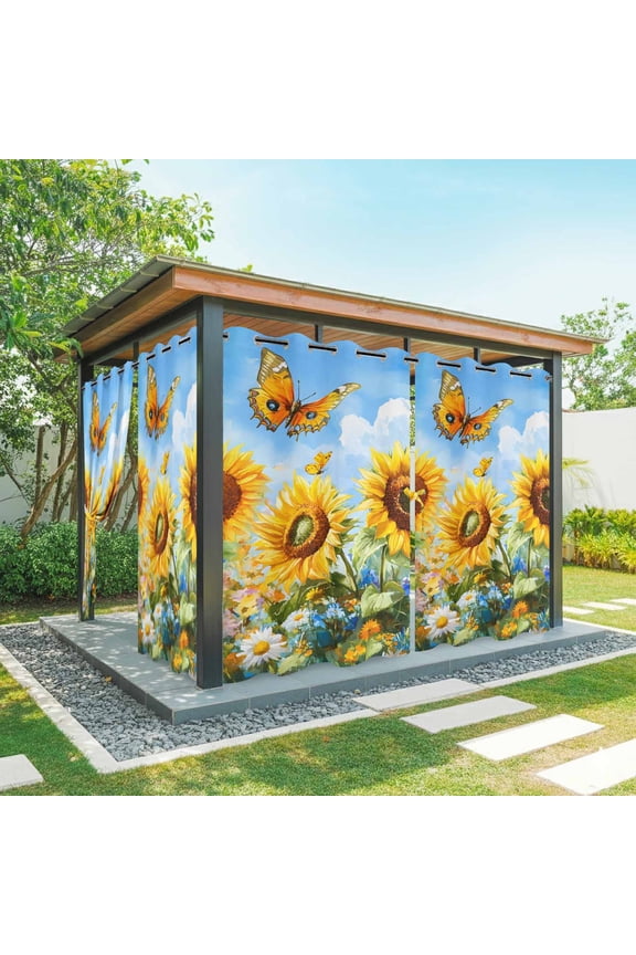 Summer Sunflower Flowers Outdoor Curtains for Patio, Butterfly Plant Oil Painting Waterproof Outside Curtains Privacy Blackout Curtain for Porch Pergola Cabana, 1 Panel 54W x 108L Inch