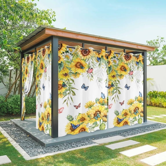 Sunflower Butterfly Outdoor Curtains for Patio, Summer Yellow Flower Waterproof Outside Curtains Privacy Blackout Curtain for Porch Pergola Cabana, 2 Panel 54W x 95L Inch
