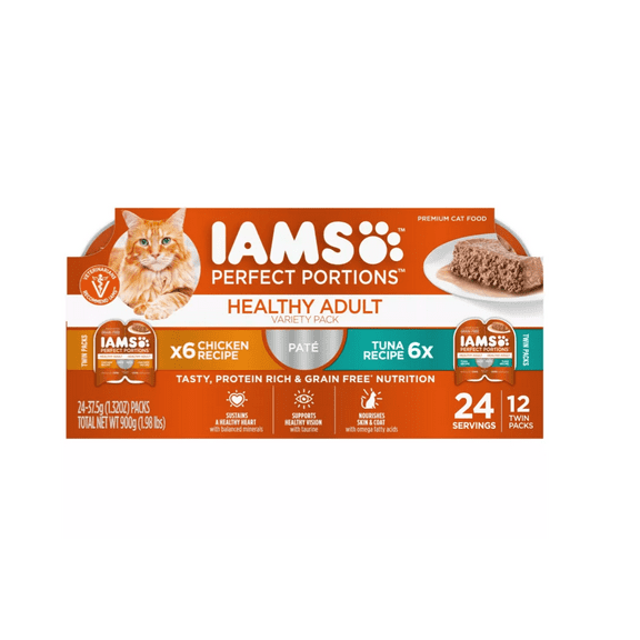 Iams Perfect Portions Adult Indoor Grain-Free Chicken and Tuna Pate Wet Cat Food Variety Pack, 2.6 oz., Pack of 12