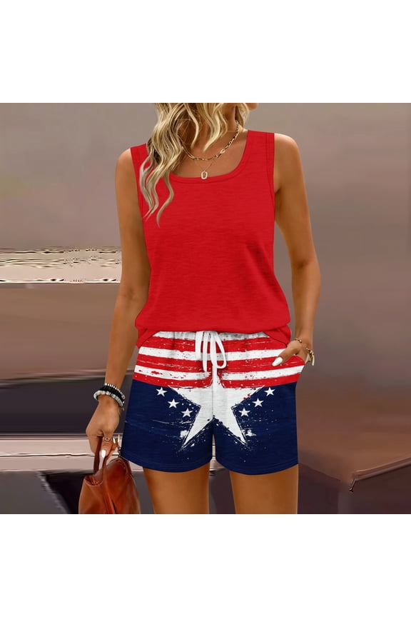 2 Piece Sets for Women 4th Of July Independence Day American Flag Stars Striped Short Sets for Women Tank Square Neck Sleeveless and Shorts Summer Outfits Lounge Sets for Women Red L