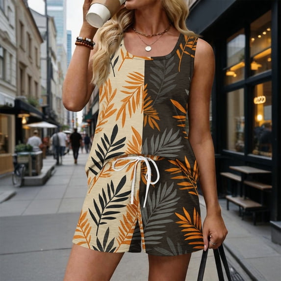 Iaqnaocc 2 Piece Sets for Women Dressy Casual Short Sets for Women Hawaiian Tropic Square Neck Sleeveless Womens Tops and Shorts Summer Outfits Beach Vacation Outfits for Women Light Brown L