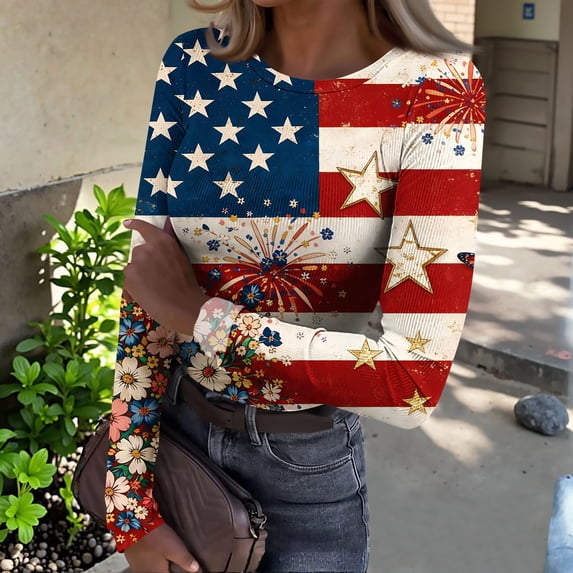 Iaqnaocc 250 Anniversary USA Shirt for Women Long Sleeve Vintage American Flag Floral Print Blouses Slim Fitted Fashion Tunic Tops Dressy Casual Round Neck Fall Spring T Shirts Multicolor XL