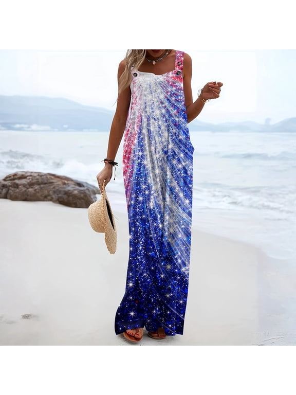 250 Anniversary Usa Flag Jumpsuits for Women Plus Size American Flag Sleeveless Wide Leg Summer Adjustable Strap Flag Jumpsuits Overalls Blue S