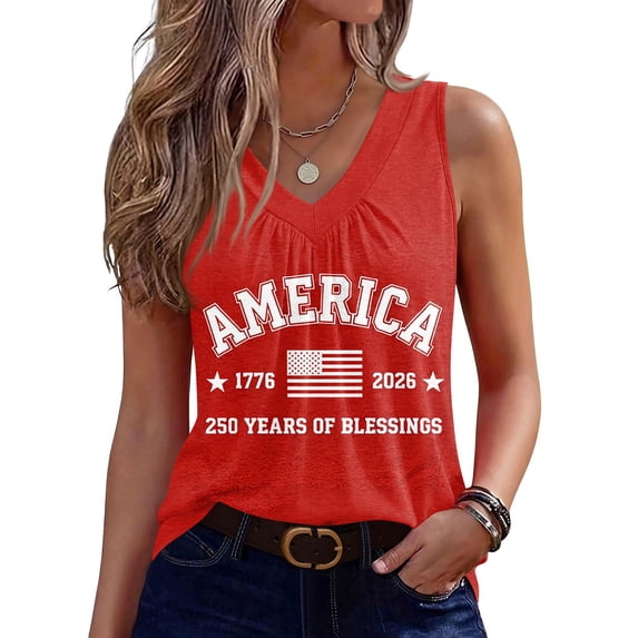 Iaqnaocc 250 Anniversary Usa Shirt Tank Tops for Women Sleeveless Summer Loose Fit V-Neck Pleated Tees Patriotic American Flag Festival Tee Tops Red XXL