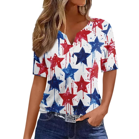 Iaqnaocc 250 Anniversary Usa Shirt for Women 4th Of July Short Sleeve Button V-Neck Patriotic American Flag Stars Tees Vintage 2026 Summer Festival Tee Shirts Watermelon Red L