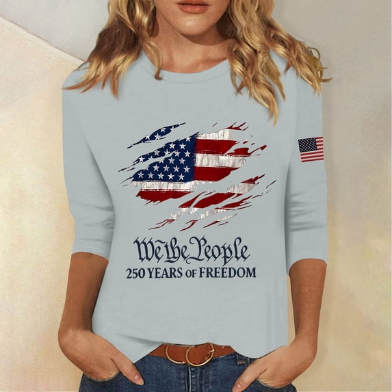 Iaqnaocc 250 Anniversary Usa Shirt for Women Retro 3/4 Sleeve Shirts Independence Day Crew Neck Freedom 2026 Summer 250th Anniversary Patriotic Tee Light Gray XXL