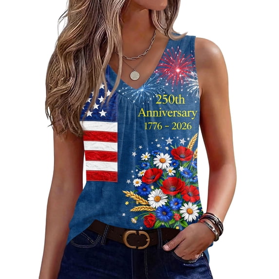 Iaqnaocc 250 Anniversary Usa Shirt Womens Tank Tops Sleeveless 2026 Summer Casual Loose V Neck Pleated Tank Tops Independence Day American Flag Floral Print Vintage Tee Tops Dark Blue XXL