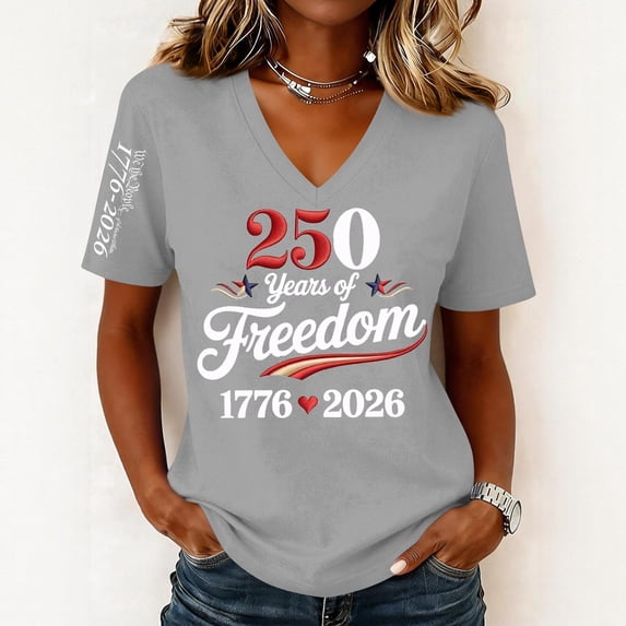 Iaqnaocc 250th Anniversary Usa Shirt T Shirts for Women 250 Anniversary Usa Flag 4th Of July Independence Day 1776-2026 USA Flag V Neck July 4th Celebration Short Sleeve Outfits Gray XXL
