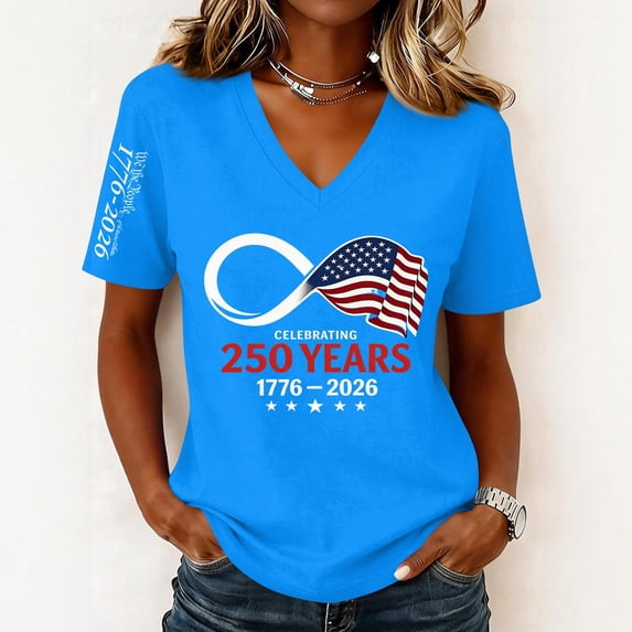 Iaqnaocc 250th Anniversary Usa Shirt Tops for Women Trendy Short Sleeve 250 Anniversary USA Flag 4th Of July Patriotic V Neck July 4th Celebration Tee Tops Light Blue XXL