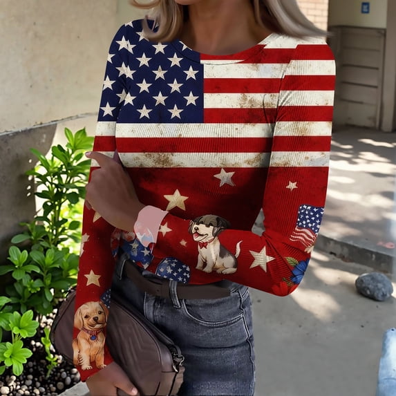 Iaqnaocc 4th of July 4th of July Women's Tops, Tees & Blouses Long Sleeve Vintage American Flag Floral Print T-Shirts Slim Fit Fashion Tees Blouses Casual Crew Neck Spring Day Tee Top Deep Red XXL