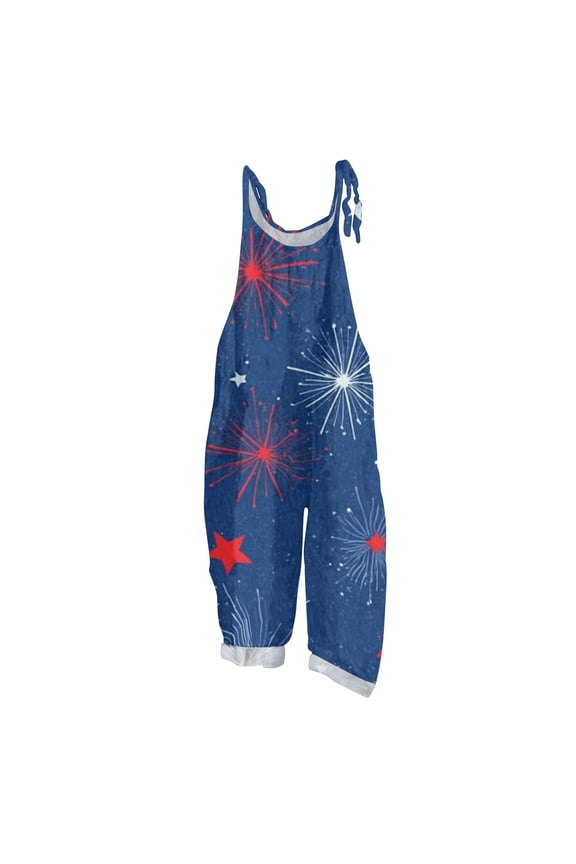 4th of July Jumpsuits for Women Patriotic American Flag Stars Sleeveless Jumpers Freedom Adjustable Strap Overalls Jumpsuits Baggy Cotton Linen Overalls Red L