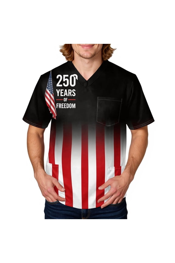 4th of July Men Scrubs Tops Big and Tall V-Neck Short Sleeve Casual America 250 Flag Uniforms America 250 Flag Scrub T Shirts Workout Stretch Working Nurse Unifrom With Pockets Black M