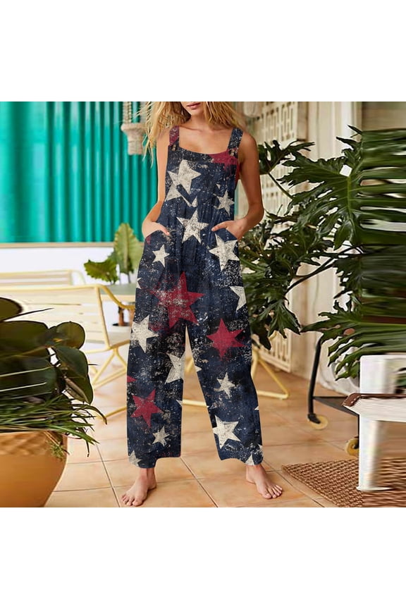 4th Of July Outfits for Women 1776-2026 American Flag Stars Sleeveless Wide Leg Jumpsuits for Women Summer Adjustable Strap Loose Fit Usa Flag Jumpsuits Overalls Dark Blue S