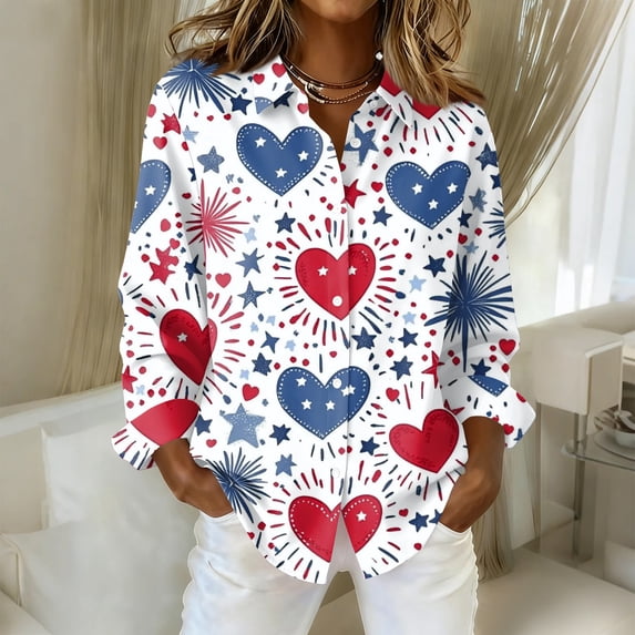 Iaqnaocc 4th Of July Outfits for Women Button Down Collared Independence Day American Flag Stars Freedom Long Sleeve Tops 250 Anniversary Usa Summer Tee Top Deep Red XL