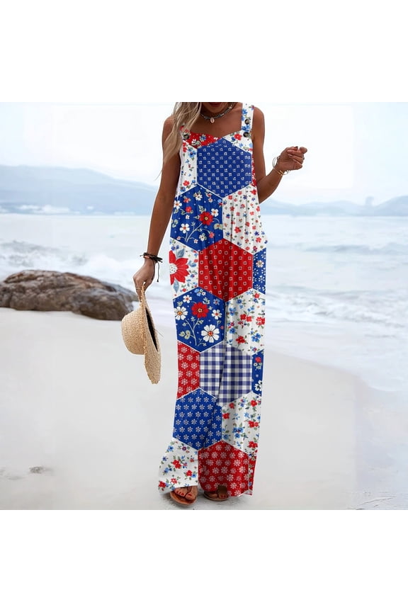 4th Of July Outfits for Women Patriotic American Flag Floral Print Sleeveless Wide Leg Women's Jumpsuits Summer Adjustable Strap Loose Fit Party Freedom Jumpsuits Rompers Multicolor S