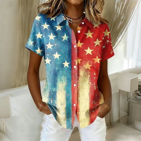 Iaqnaocc 4th Of July Outfits for Women Usa Patriotic American Flag Stars Tops America 250 Shirt Festival Button-Down Collared Shirt Casual Short Sleeve Outfits Light Blue M