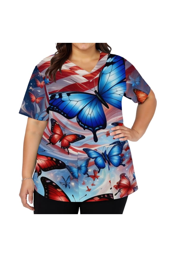 4th of July Scrub Tops Women American Flag Butterfly Nurse Working Uniforms Stretchy V Neck Scrub Tops July 4th Celebration Short Sleeve Medical Freedom Workwear with Pockets Navy 5XL