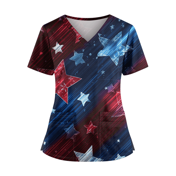 Iaqnaocc 4th of July Scrub Tops Women American Flag Patriotic Plus Size Stars Nurse Working Uniforms Fashion V-Neck Side Slits Scrub Shirt Party Short Sleeve Tees Blouse with Pockets Light Blue L