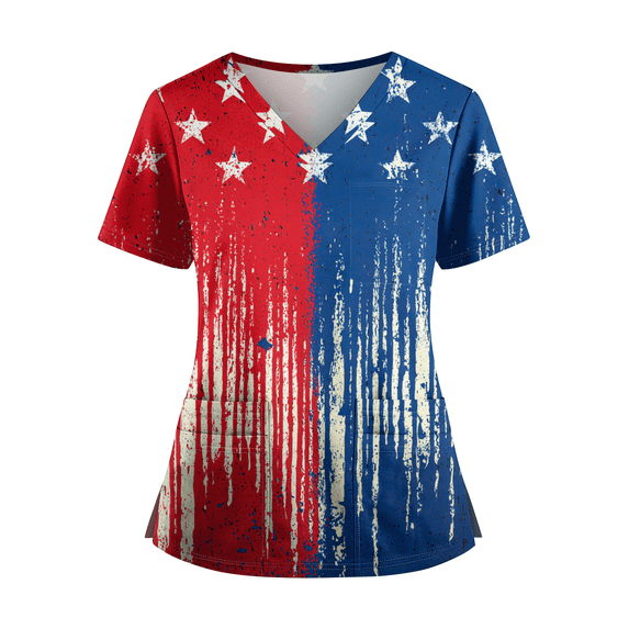 Iaqnaocc 4th of July Scrub Tops Women American Flag Patriotic Plus Size Stars Nurse Working Uniforms Trendy V Neck Side Slits Scrub Shirt Party Short Sleeve Medical Workwear with Pockets Blue 3XL