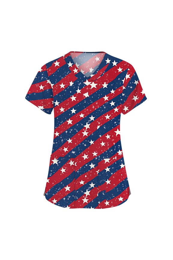 4th of July Scrub Tops Women American Flag Stars Striped Nursing Uniform Stretchy V-Neck Scrub Shirt July 4th Celebration Medical Freedom Workwear with Pockets Watermelon Red 2XL