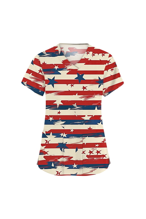 4th of July Scrub Tops Women American Flag Stars Striped Nursing Uniform Stretchy V-Neck Scrub Shirt July 4th Celebration Short Sleeve Medical Freedom Workwear with Pockets Beige L