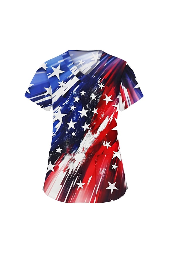 4th of July Scrub Tops Women Patriotic Oversized American Flag Stars Nurse Working Uniforms Stretchy V Neck Scrub Shirt July 4th Celebration Medical Freedom Workwear with Pockets Red S