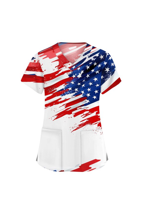 4th of July Scrub Tops Women Patriotic Oversized American Flag Stars Striped Festival Nurse Uniforms Stretchy V-Neck Scrub Tops Independence Day Medical Freedom Workwear Blue 4XL