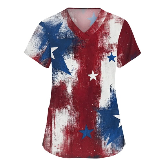 Iaqnaocc 4th of July Scrub Tops Women Patriotic Plus Size American Flag Stars Nurse Working Uniforms Trendy V Neck Scrub Tops July 4th Celebration Short Sleeve Nursing Scrubs with Pockets Red M