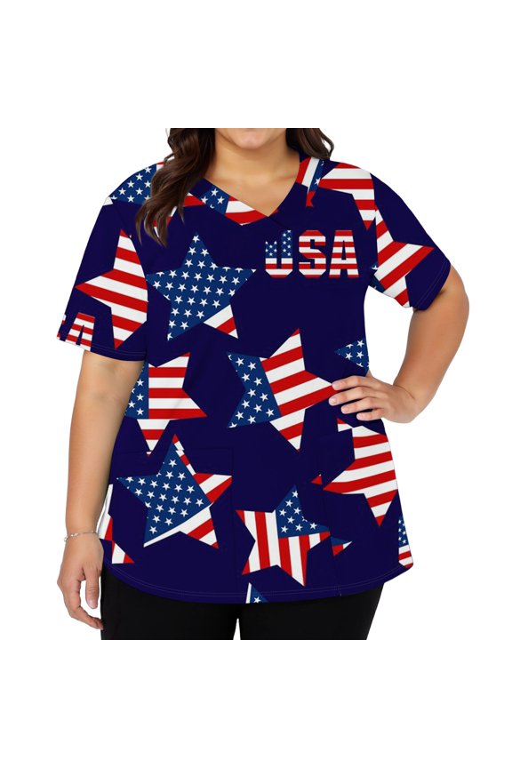 4th of July Scrub Tops Women Patriotic Plus Size American Flag Stars Striped Nurse Working Uniforms Trendy V-Neck Scrub Tops July 4th Celebration Nursing Scrubs with Pockets Dark Blue XL