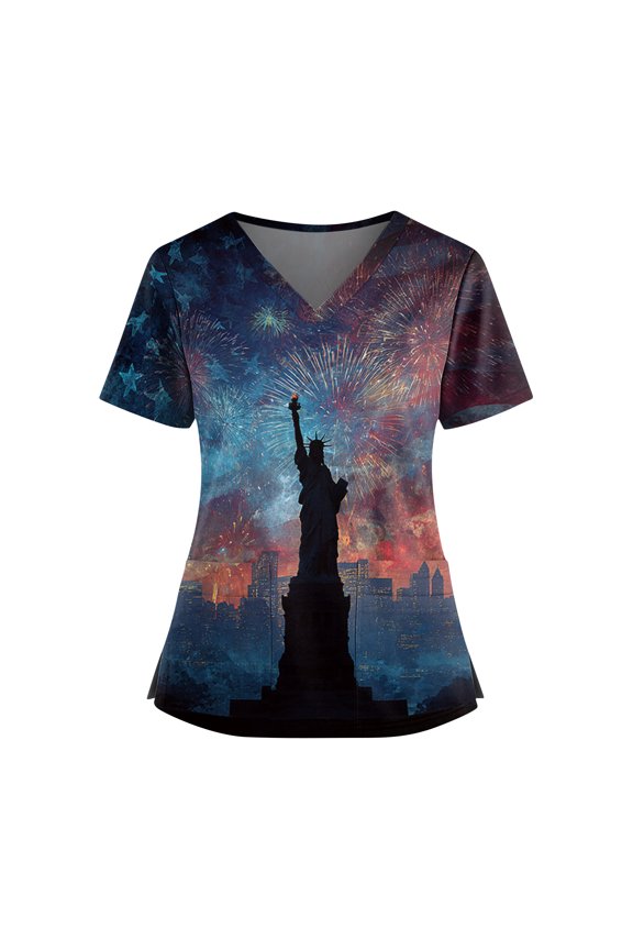 4th of July Scrub Tops Women Plus Size American Flag Freedom Nursing Uniform Trendy V Neck Side Slits Scrub Tops Festival Short Sleeve Tees Blouse with Pockets Dark Blue S