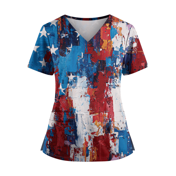 Iaqnaocc 4th of July Scrub Tops Women USA Flag Stars Nurse Working Uniforms Fashion V Neck Side Slits Scrub Tops Holiday Short Sleeve Tees Blouse with Pockets Blue M