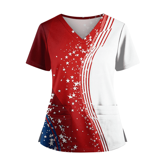Iaqnaocc 4th of July Scrub Tops Women USA Flag Stars Nursing Uniform Trendy V Neck Side Slits Scrub Tops Holiday Short Sleeve Tees Blouse with Pockets White 3XL