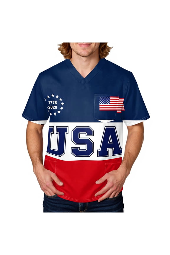 4th of July Scrubs Men Plus Size Funny America 250 Flag Uniforms Casual America 250 Flag Short Sleeve V Neck Scrub Tops Medical Working Uniform With Pockets Blue M