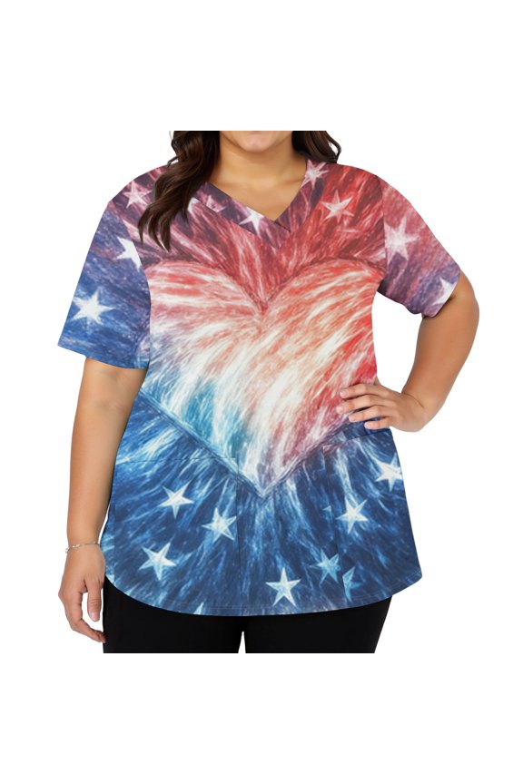 4th of July Scrubs for Women American Flag Stars Nurse Uniforms Fashion V-Neck Side Slits Scrub Shirt Independence Day Short Sleeve Medical Workwear with Pockets Red L