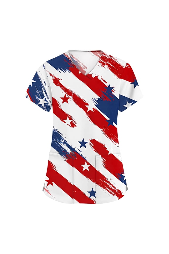 4th of July Scrubs for Women American Flag Stars Nurse Uniforms Trendy V-Neck Side Slits Scrub Tops July 4th Celebration Short Sleeve Nursing Scrubs with Pockets Red M