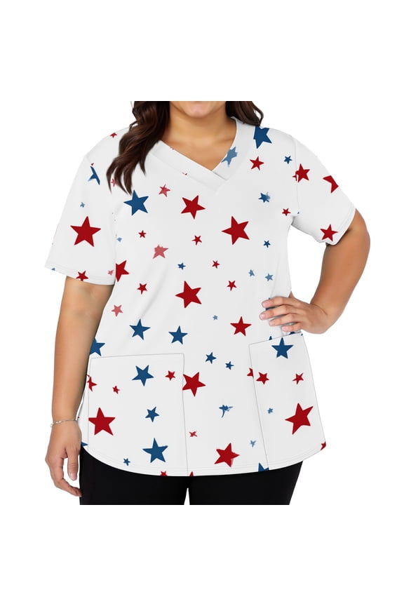 4th of July Scrubs for Women American Flag Stars Nurse Working Uniforms Trendy V-Neck Side Slits Scrub Tops July 4th Celebration Short Sleeve Nursing Scrubs with Pockets Dark Blue L