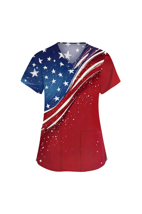 4th of July Scrubs for Women American Flag Stars Nursing Uniform Trendy V Neck Side Slits Scrub Tops July 4th Celebration Short Sleeve Nursing Scrubs with Pockets Red S