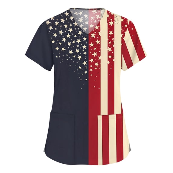 Iaqnaocc 4th of July Scrubs for Women American Flag Stars Striped Nurse Uniforms Fashion V-Neck Side Slits Scrub Shirt Independence Day Short Sleeve Nursing Scrubs with Pockets Dark Blue 2XL