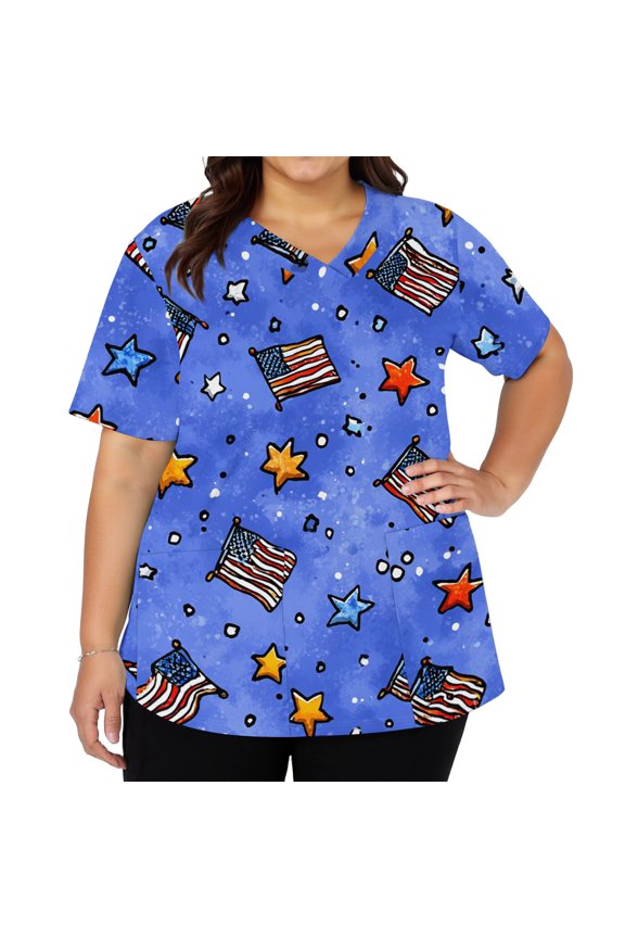 4th of July Scrubs for Women Patriotic Oversized American Flag Stars Festival Nurse Uniforms Retro V Neck Side Slits Scrub Shirt Independence Day Short Sleeve Nursing Scrubs Navy M