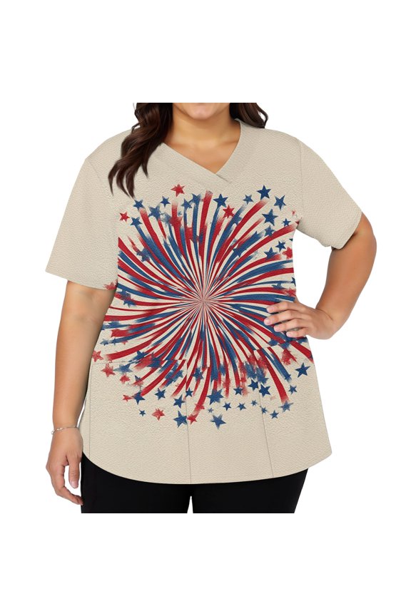 4th of July Scrubs for Women Patriotic Plus Size American Flag Stars Nurse Working Uniforms Trendy V Neck Side Slits Scrub Tops Independence Day Short Sleeve Nursing Scrubs Multicolor XL