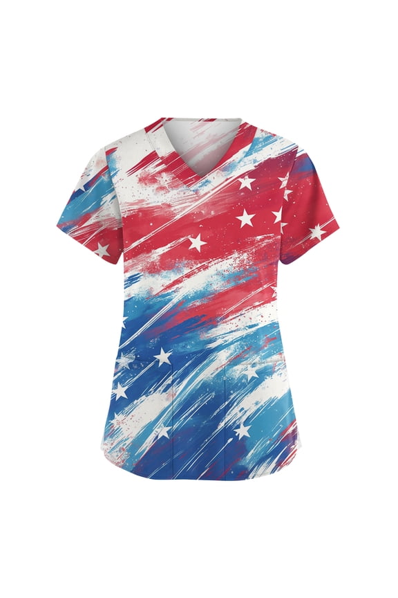 4th of July Scrubs for Women USA Flag American Flag Stars Nursing Uniform Trendy V Neck Side Slits Scrub Tops Party Short Sleeve Medical Workwear with Pockets Light Blue L