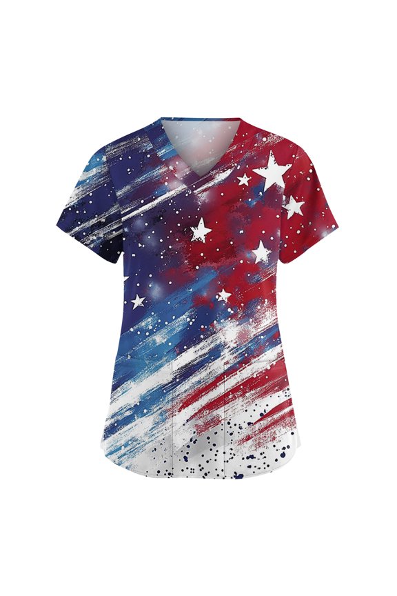 4th of July Scrubs for Women USA Flag American Flag Stars Striped Nurse Working Uniforms Fashion V-Neck Side Slits Scrub Shirt Party Short Sleeve Tees Blouse with Pockets Sky Blue L